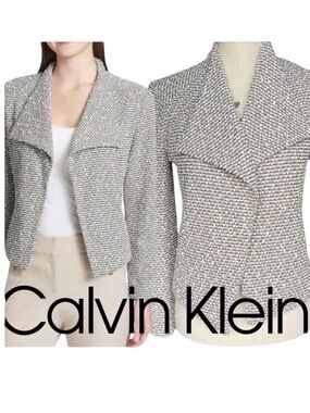 Calvin Klein Black/White/Tan Textured Open Front Zipper Pockets Jacket (XS)